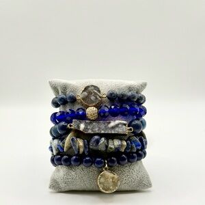 Elegant Blue and Gold Beaded Bracelet w/ Geode Stones Set